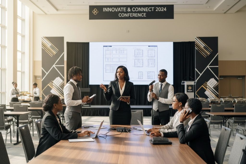 A group of professionals in business attire collaborate around a conference table during the Innovate & Connect 2024 Conference.