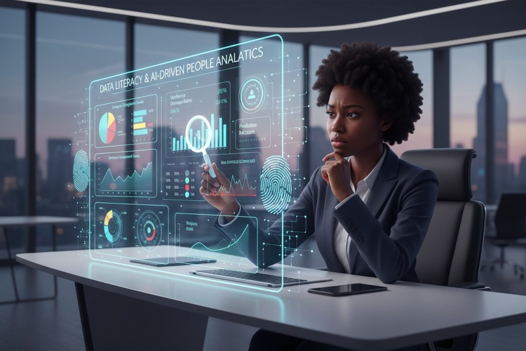 A professional woman sits at a desk in a modern office, using a magnifying glass to examine a holographic interface displaying data analytics and charts.